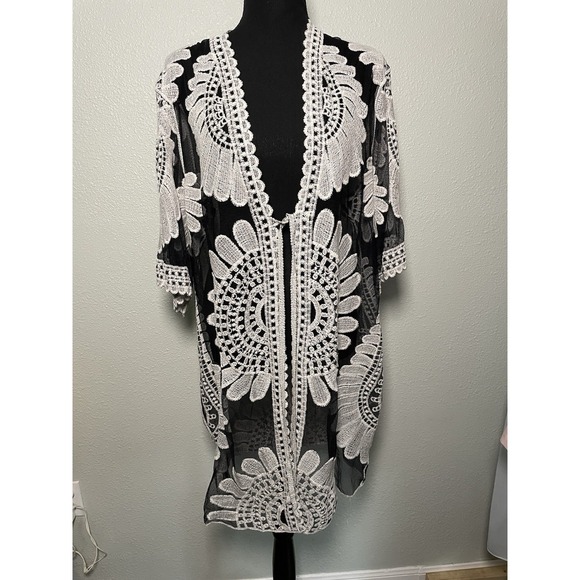 Ember Tops - Womens Sheer Black White Floral Lace Kimono Cardigan Duster 80s Boho‎ Chic
